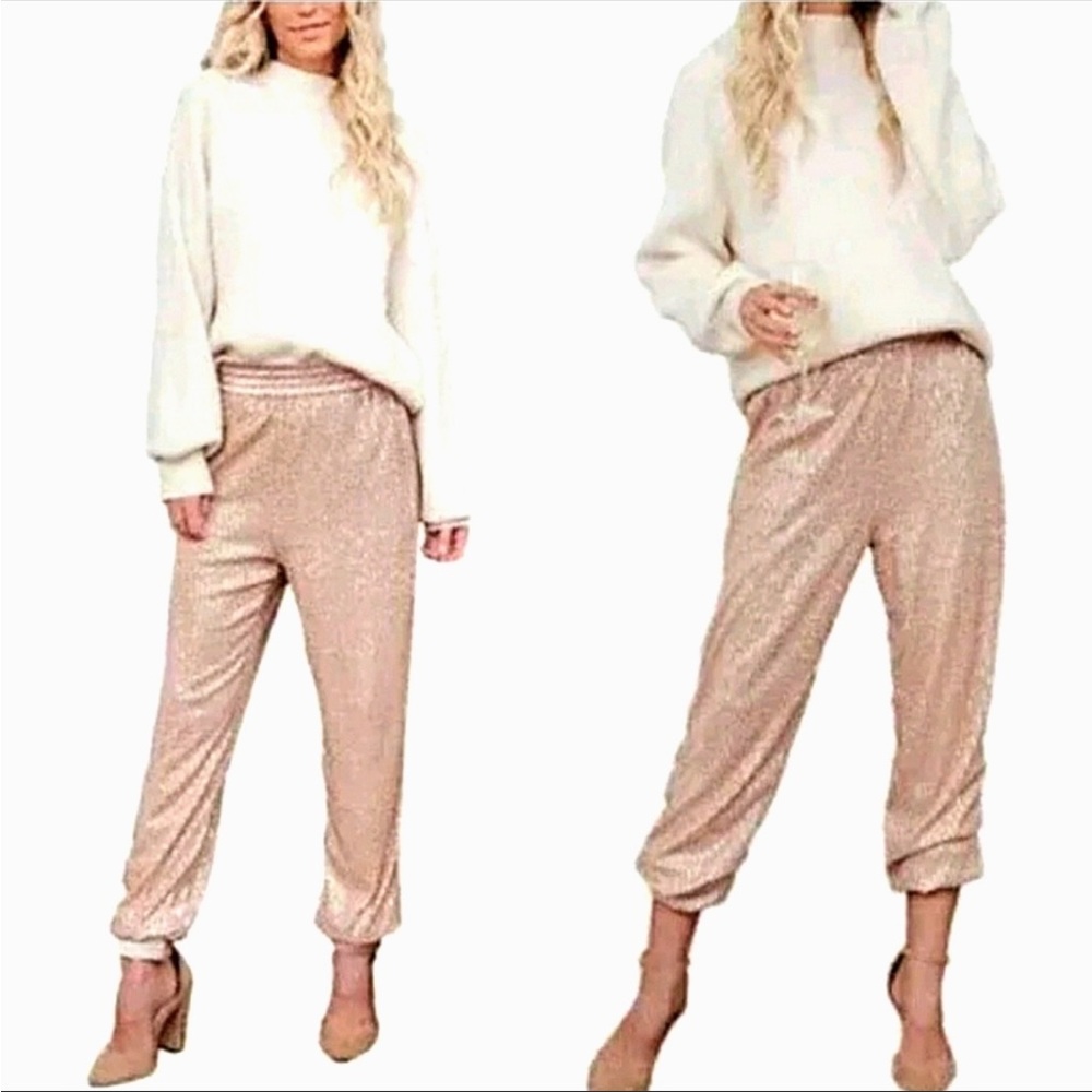 NWT Anthropologie Rose Gold Metallic Joggers Knit Size M